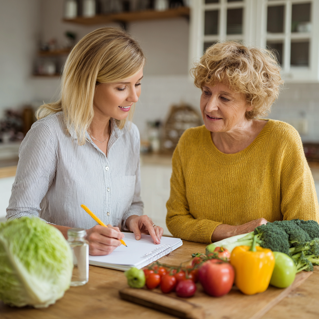 Professional nutritionist consulting with mature adult client about meal planning